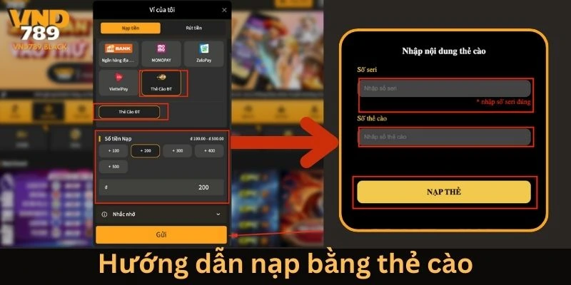 4 bước nạp tiền VND789 qua Thẻ cào